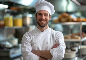 Smiling Chef in White Uniform with Arms Crossed in Restaurant Kitchen photo