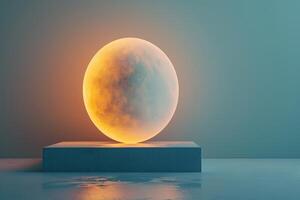 Abstract 3D Rendering of a Glowing Orange Sphere on a Pedestal, Minimalist Futuristic Concept Art photo
