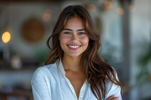 Smiling young woman standing with arms crossed photo