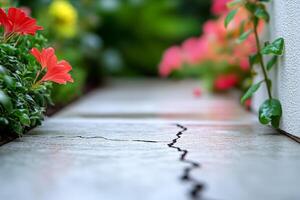 Closeup of a crack in concrete walkway with flowers and greenery in background photo