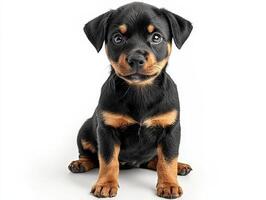 Cute Rottweiler puppy sitting on white background photo