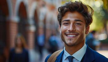 Smiling young man wearing suit and tie, portrait with a blurred background photo