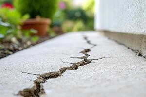 Close up of a large crack in concrete foundation of a house. Damage caused by foundation issues and settling. Home maintenance concept. photo