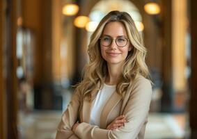 Portrait of a smiling confident businesswoman with glasses wearing beige blazer photo