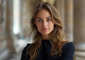 Portrait of a young woman with long wavy hair, looking at the camera with a serious expression photo