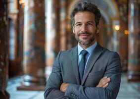 Confident businessman portrait with arms crossed in a suit photo