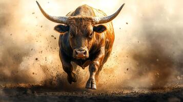 Powerful Bull Running Through Dust, Symbol of Strength and Determination photo