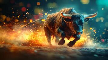 Fiery Bull Running Through a Field of Lights photo