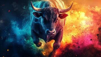 Powerful Bull with Colorful Explosion Background, Symbol of Strength and Determination photo