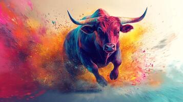 Powerful Bull Running Through a Colorful Abstract Burst photo