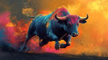 Abstract Colorful Bull Running through Fire, Power and Strength Concept photo