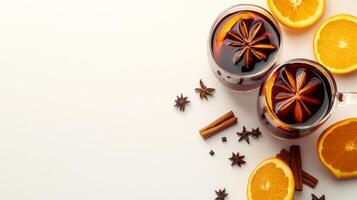 Mulled wine with orange slices and spices on white background photo