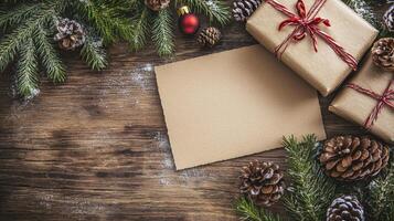 Christmas gifts on a wooden table with pine cones and fir branches photo