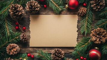 Christmas background with paper and pine cones on wooden table photo