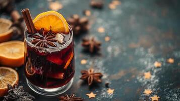 A glass of mulled wine with oranges and spices photo