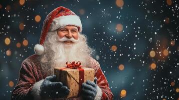 Papa Noel claus participación un regalo caja en el nieve foto