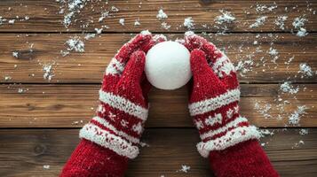 A person wearing red knitted gloves holding an egg photo