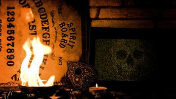 A Witchcraft Spiritual Halloween Game Ouija Board in Fire photo