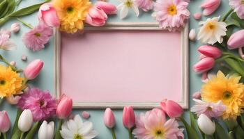 spring flowers background with frame on pink background photo
