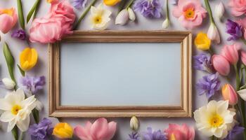 spring flowers background with frame on pink background photo