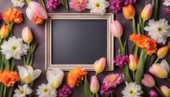 spring flowers background with frame on pink background photo