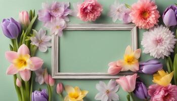 spring flowers background with frame on pink background photo