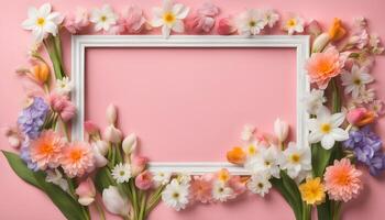 spring flowers background with frame on pink background photo