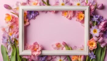 spring flowers background with frame on pink background photo