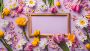 spring flowers background with frame on pink background photo