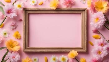 spring flowers background with frame on pink background photo