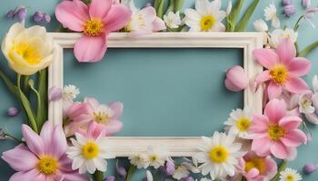 spring flowers background with frame on pink background photo