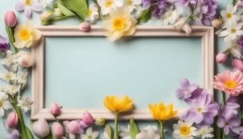 spring flowers background with frame on pink background photo