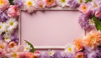 spring flowers background with frame on pink background photo