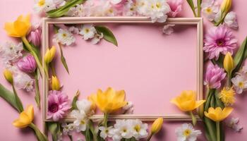 spring flowers background with frame on pink background photo