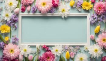 spring flowers background with frame on pink background photo