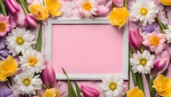 spring flowers background with frame on pink background photo