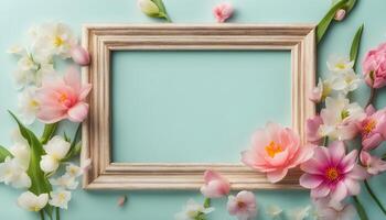 spring flowers background with frame on pink background photo