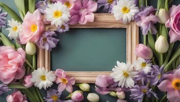 spring flowers background with frame on pink background photo