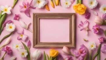spring flowers background with frame on pink background photo