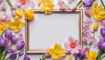 spring flowers background with frame on pink background photo