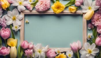 spring flowers background with frame on pink background photo