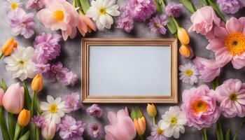 spring flowers background with frame on pink background photo