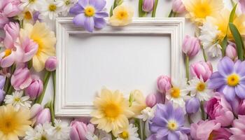 spring flowers background with frame on pink background photo