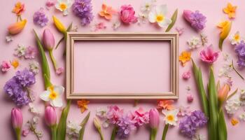 spring flowers background with frame on pink background photo