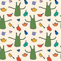 Hand drawn seamless pattern of colorful kitchenware set vector