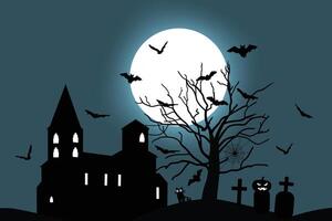 Halloween silhouettes of a spooky castle and a tree with bats, gravestones, spiderwebs, spiders and full moon. vector