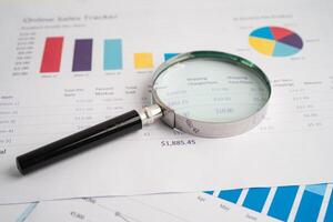 Magnifying glass on spreadsheet and graph paper. Financial development, Banking Account, Statistic, Investment Analytic research data economy, Business. photo