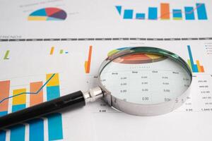 Magnifying glass on spreadsheet and graph paper. Financial development, Banking Account, Statistic, Investment Analytic research data economy, Business. photo