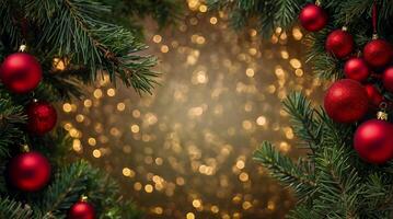 festive Christmas bokeh background surrounded by green pine tree branches photo