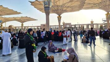 Medina, Saudi Arabia on March 1, 2024. Queues of female Umrah pilgrims from all over the world line up to enter Raudhah or the Tomb of the Prophet Muhammad. Gate 37. Use a registered Tasreh or Nusuk. photo